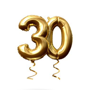 30 numaralı altın folyo helyum balonu beyaz bir arka planda izole edilmiştir. 3D render