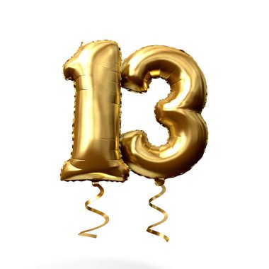 Number 13 gold foil helium balloon isolated on a white background. 3D Render clipart