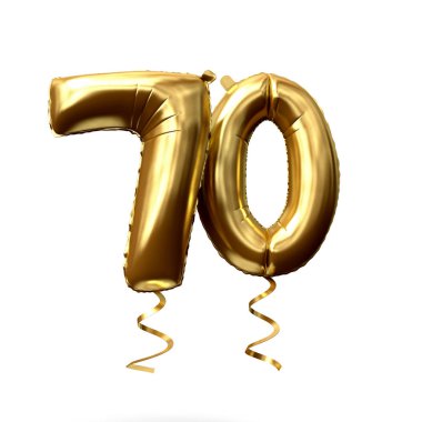 Sayı 70 altın folyo helyum balon beyaz bir arka planda izole. 3D render