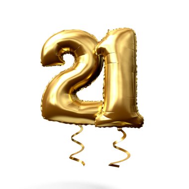 Number 21 gold foil helium balloon isolated on a white background. 3D Render clipart