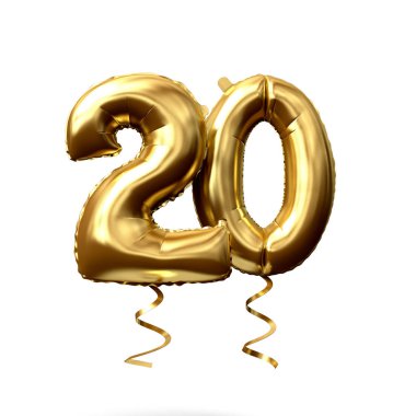 20 numaralı altın folyo helyum balonu beyaz bir arka planda izole edilmiştir. 3D render