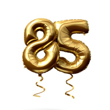 Sayı 85 altın folyo helyum balon beyaz bir arka planda izole. 3D render