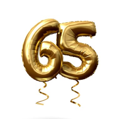 Sayı 65 altın folyo helyum balon beyaz bir arka planda izole. 3D render