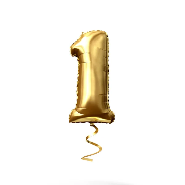 Zlatý balón na bílém podkladu s zlatou fólií z čísla 1. prostorové vykreslení — Stock fotografie