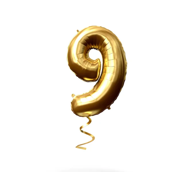 Number 9 gold foil helium balloon isolated on a white background. 3D Render — Stock Photo, Image