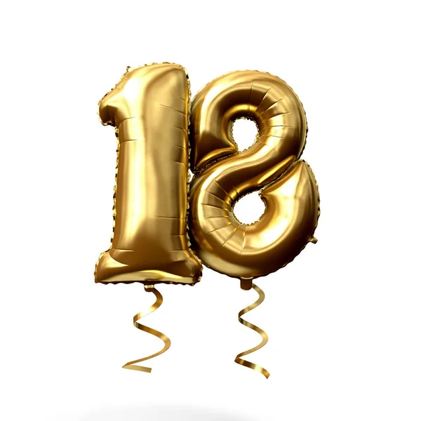 Nummer 18 Goldfolie Heliumballon isoliert auf weißem Hintergrund. 3D-Darstellung — Stockfoto