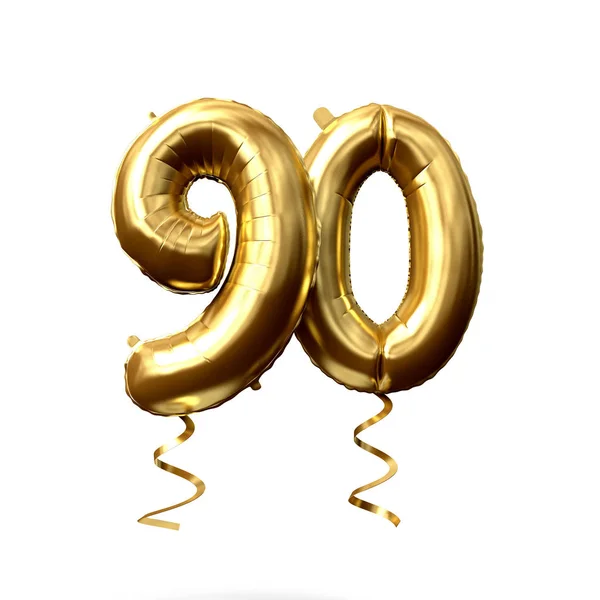 Nummer 90 Goldfolie Heliumballon isoliert auf weißem Hintergrund. 3D-Darstellung — Stockfoto