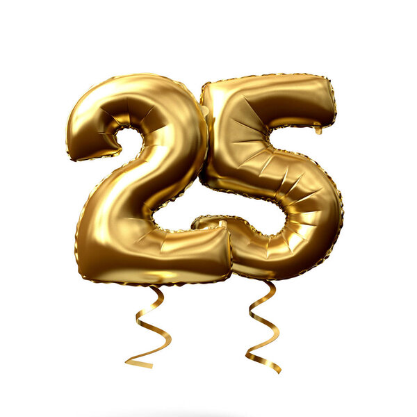 Number 25 gold foil helium balloon isolated on a white background. 3D Render