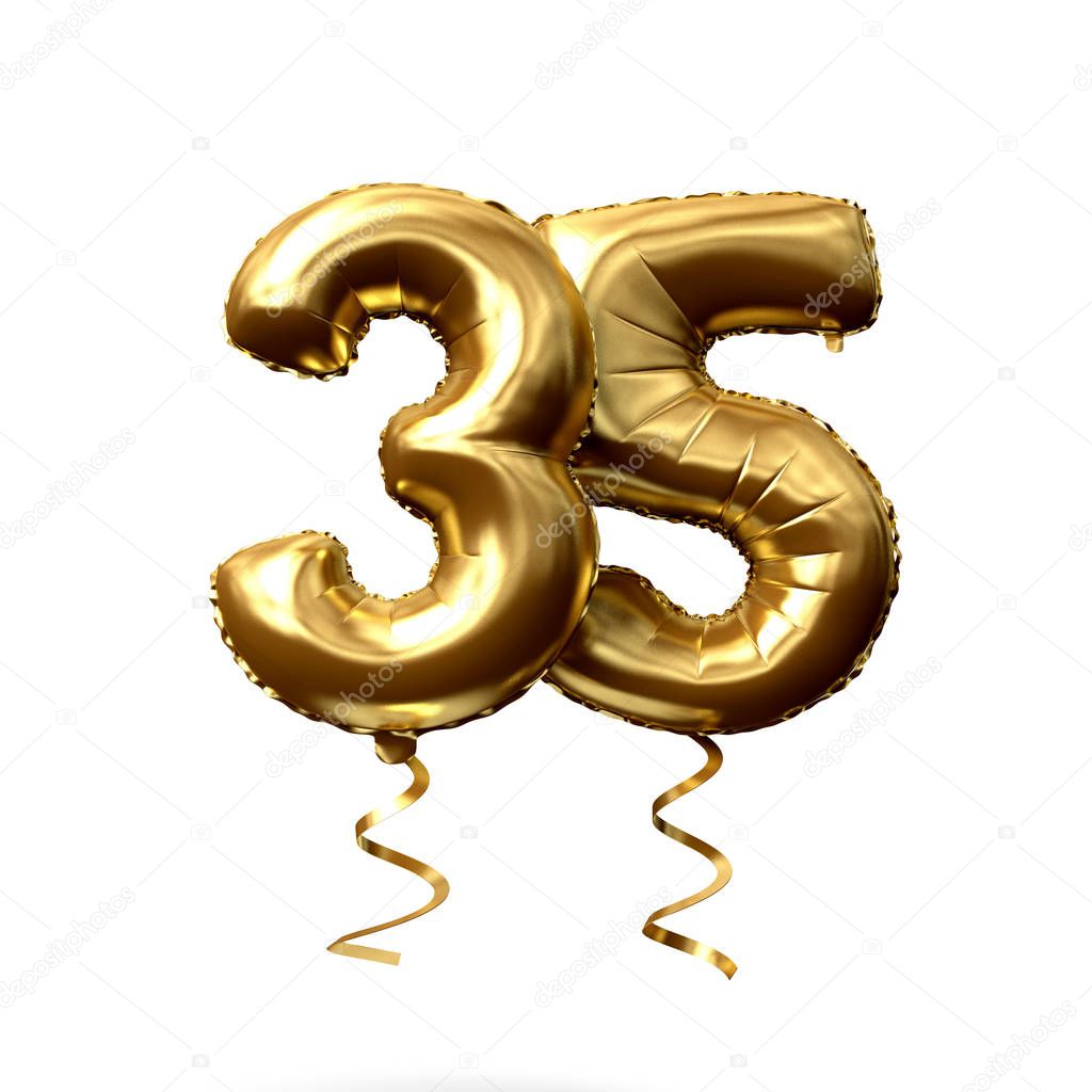 Number 35 gold foil helium balloon isolated on a white background. 3D Render