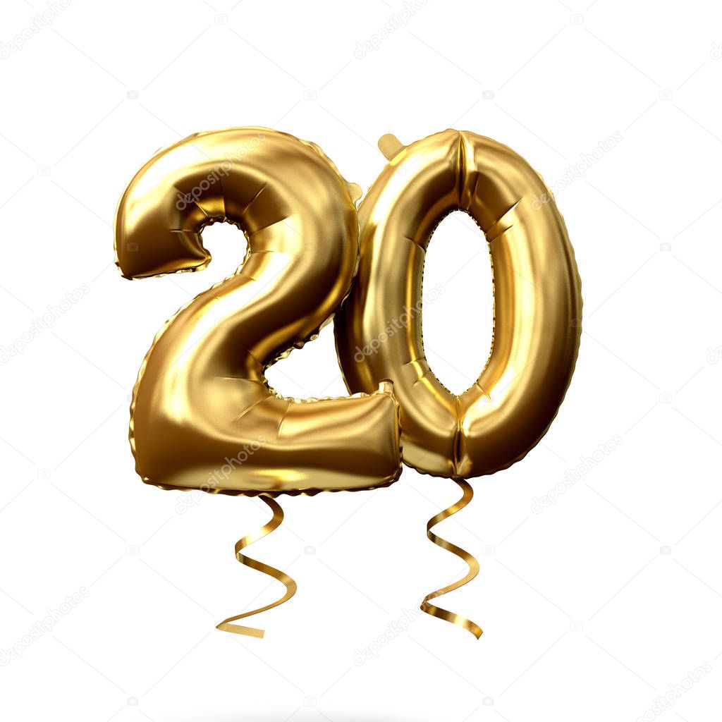 Number 20 gold foil helium balloon isolated on a white background. 3D Render