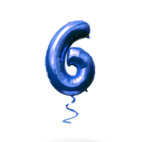 Nummer 6 blauwe folie heliumballon geïsoleerd op een witte achtergrond. 3D render — Stockfoto