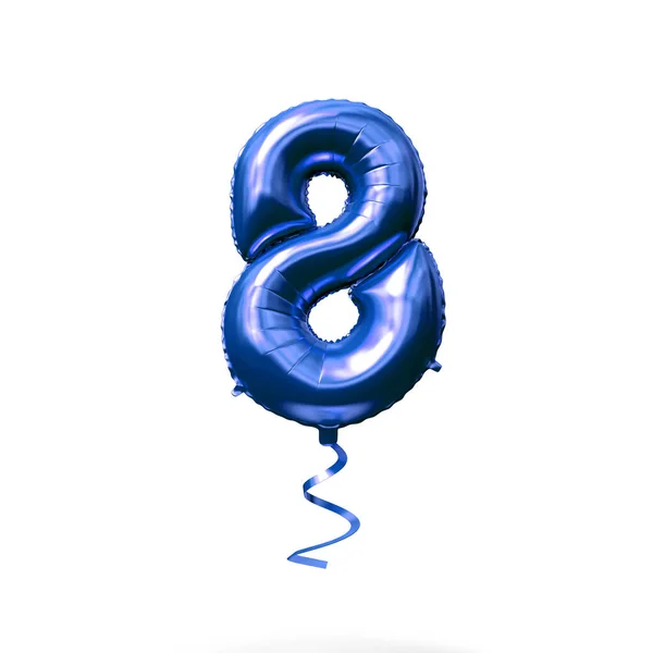 Číslice 8 modrý foliový balónek v heliové izolaci na bílém podkladu. prostorové vykreslení — Stock fotografie