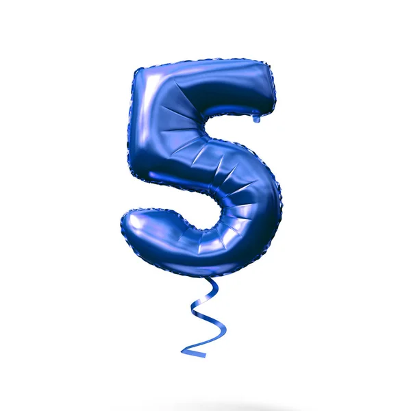 Number 5 blue foil helium balloon isolated on a white background. 3D Render — Stock Photo, Image