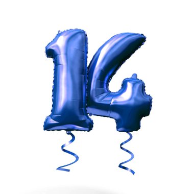 14 numaralı mavi folyo helyum balonu beyaz bir arka planda izole edilmiştir. 3D render