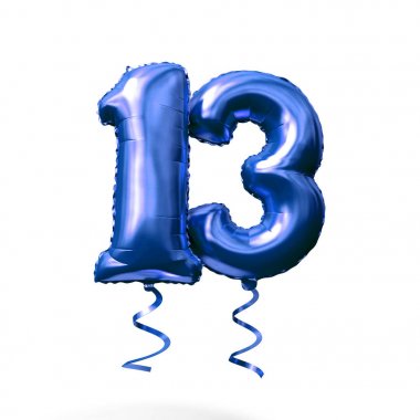 Number 13 blue foil helium balloon isolated on a white background. 3D Render clipart