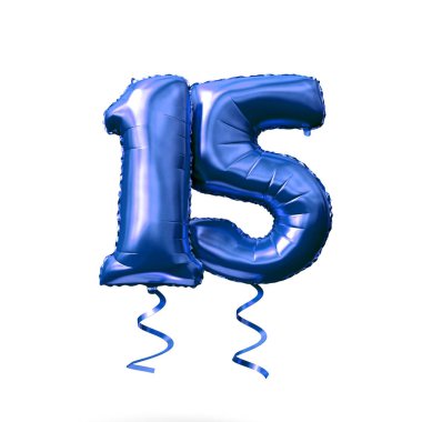 Beyaz arka planda izole edilmiş 15 numaralı mavi folyo helyum balonu. 3D render