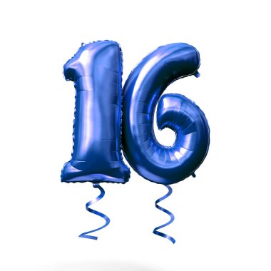 Number 16 blue foil helium balloon isolated on a white background. 3D Render clipart