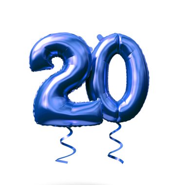 Beyaz arka planda izole 20 numaralı mavi folyo helyum balonu. 3D render