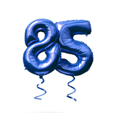 Sayı 85 mavi folyo helyum balon beyaz arka planda izole. 3D render