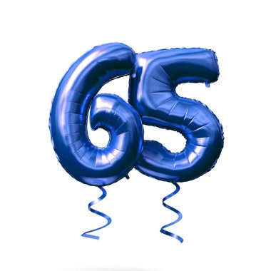 Sayı 65 mavi folyo helyum balon beyaz arka planda izole. 3D render