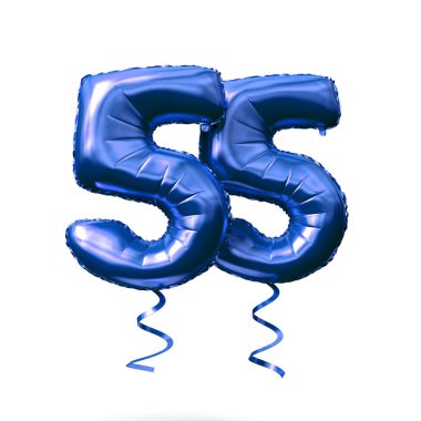 Sayı 55 mavi folyo helyum balon beyaz arka planda izole. 3D render