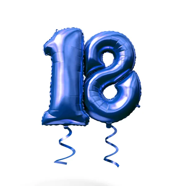 Numer 18 niebieski folia Hel balon na białym tle. Renderowanie 3D — Zdjęcie stockowe
