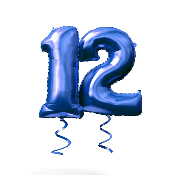 Το νούμερο 12 μπλε μπαλόνι με αλουμίνιο απομονώθηκε σε λευκό φόντο. Απόδοση 3D — Φωτογραφία Αρχείου