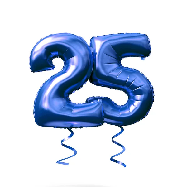Nummer 25 blauer Folienheliumballon isoliert auf weißem Hintergrund. 3D-Darstellung — Stockfoto
