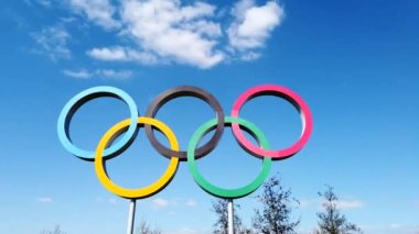 LONDON, UK - April 10th 2019: The Olympic games sign under a blue sky