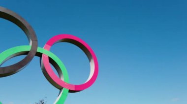 LONDON, UK - April 10th 2019: The Olympic games sign under a blue sky