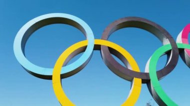 LONDON, UK - April 10th 2019: The Olympic games sign under a blue sky