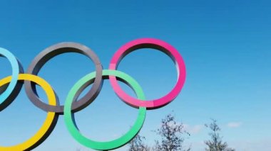 LONDON, UK - April 10th 2019: The Olympic games sign under a blue sky