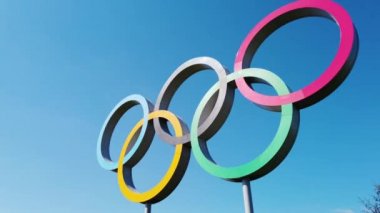 LONDON, UK - April 10th 2019: The Olympic games sign under a blue sky