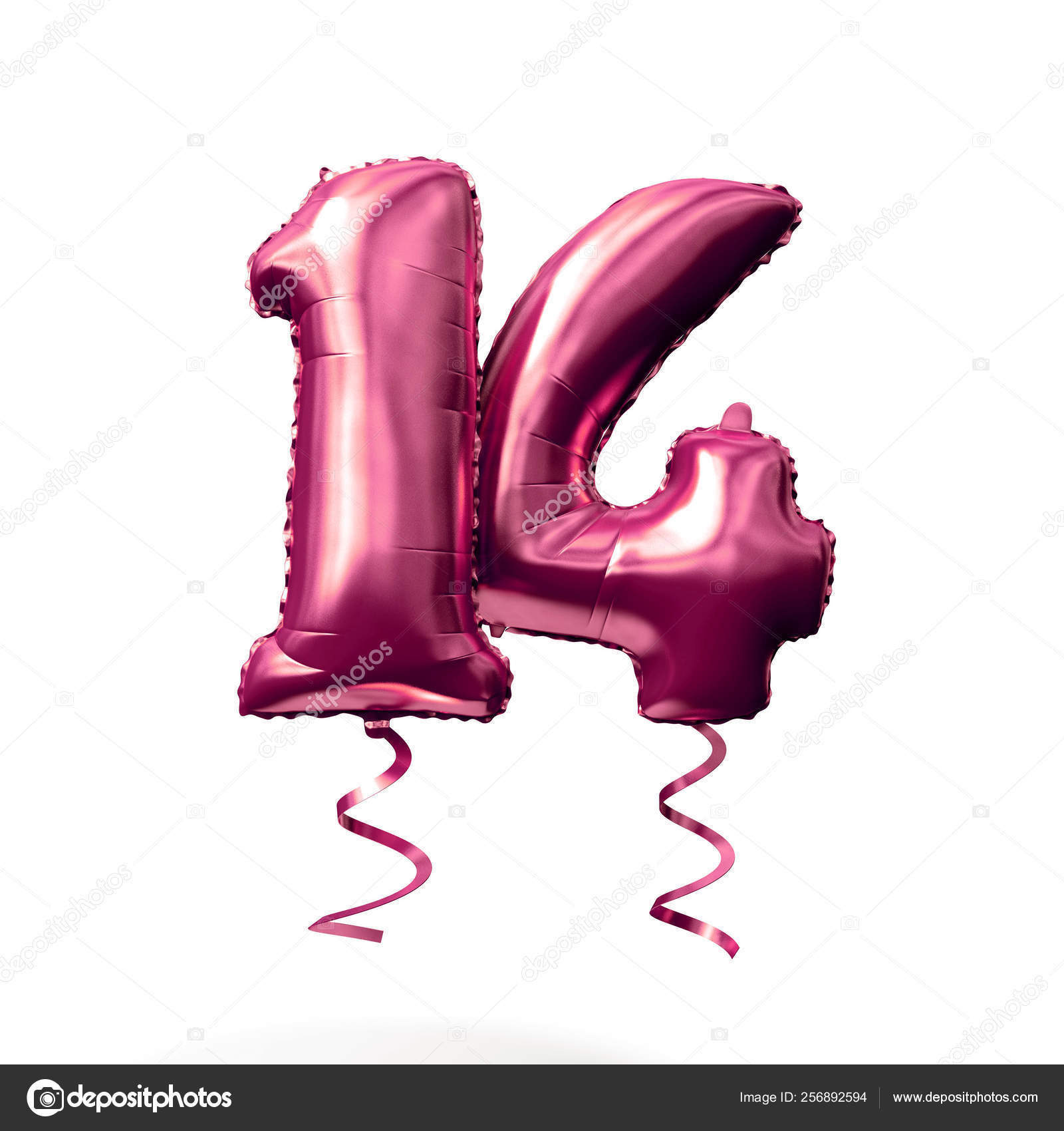 Number 14 rose gold helium balloon isolated on a white background. 3D