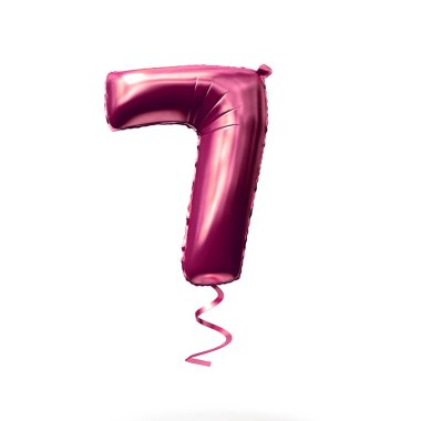 7 numara beyaz arka planda izole edilmiş altın helyum balonu. 3D render