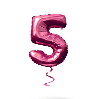 5 numara beyaz arka planda izole edilmiş altın helyum balonu. 3D render