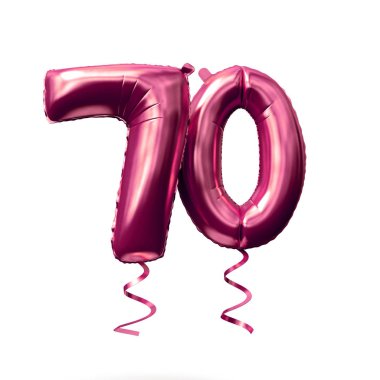 Sayı 70 beyaz bir arka planda izole altın helyum balon gül. 3D render