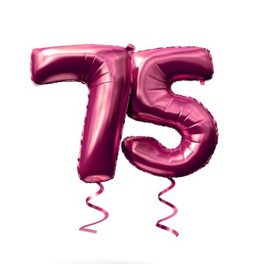Sayı 75 beyaz bir arka planda izole altın helyum balon gül. 3D render