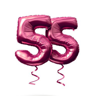 Sayı 55 beyaz bir arka planda izole altın helyum balon gül. 3D render