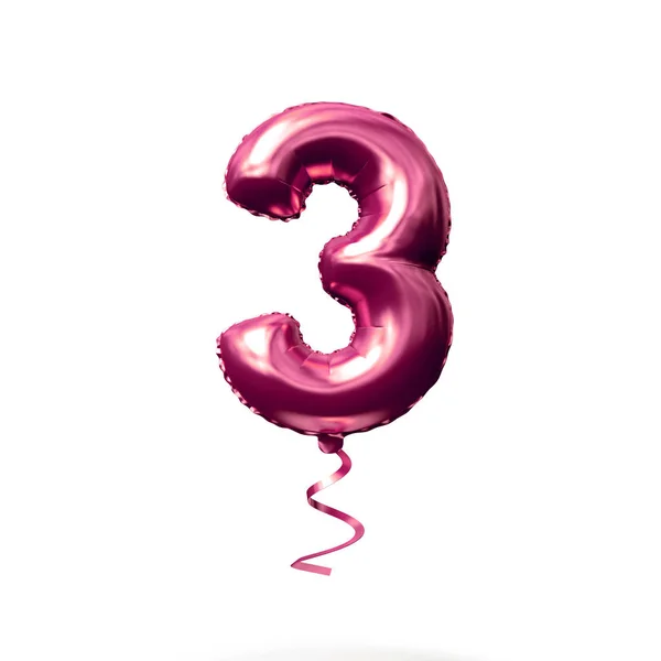 Číslo 3 růžové balónky s helia izolované na bílém pozadí. prostorové vykreslení — Stock fotografie