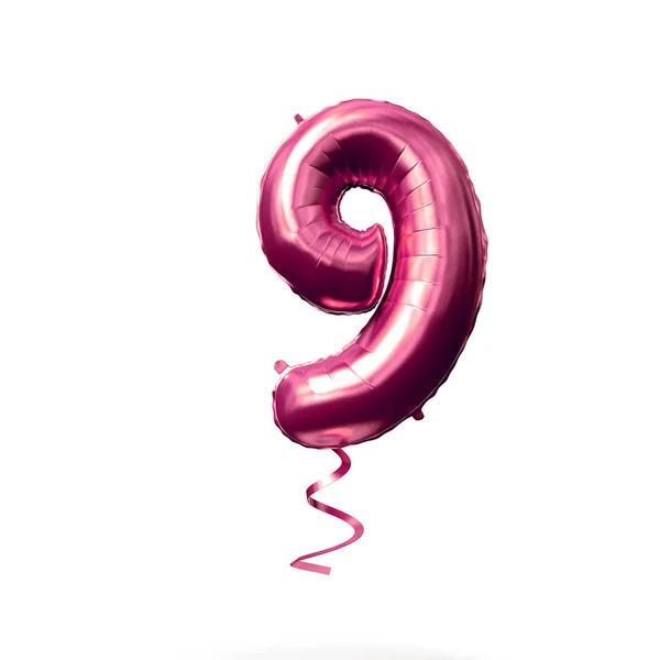 Numero 9 palloncino di elio in oro rosa isolato su fondo bianco. Render 3D — Foto Stock