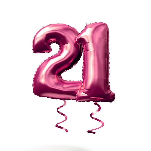 Número 21 rosa globo de helio de oro aislado sobre un fondo blanco. Renderizado 3D — Foto de Stock