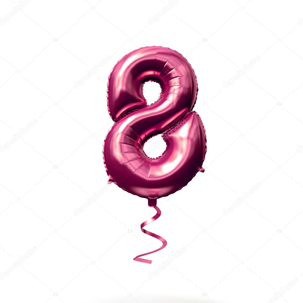 Number 8 rose gold helium balloon isolated on a white background. 3D Render