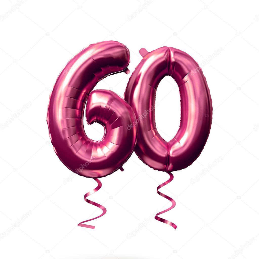 Number 60 rose gold helium balloon isolated on a white background. 3D Render