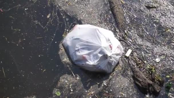 Τα πλαστικά απόβλητα ρυπαίνουν τη φύση. σακούλα σκουπιδιών που επιπλέει στο νερό — Αρχείο Βίντεο