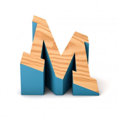 M harfi ahşap açılı yazı tipi. 3d Rendering