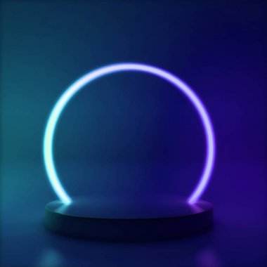 Neon parlayan çizgi daire, soyut modern podyum çerçeve , 3d Rendering