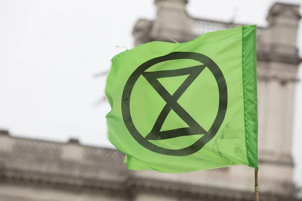 LONDON, UK - April 23, 2019: Extinction Rebellion flags being waved at a protest in London — Stock Photo, Image