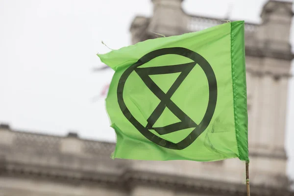 LONDON, UK - April 23, 2019: Extinction Rebellion flags being waved at a protest in London — Stock Photo, Image