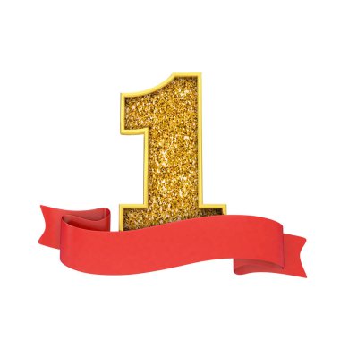 Kırmızı bir kaydırma afiş ile 1 numaralı altın glitter kutlama. 3d Render